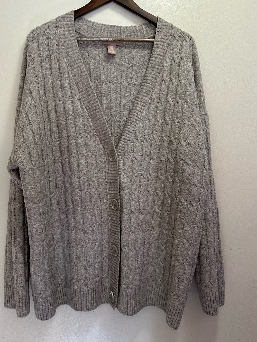 H&M Womens wool Blend Gray Beige Cable-Knit Button-Front Cardigan Sweater Size M